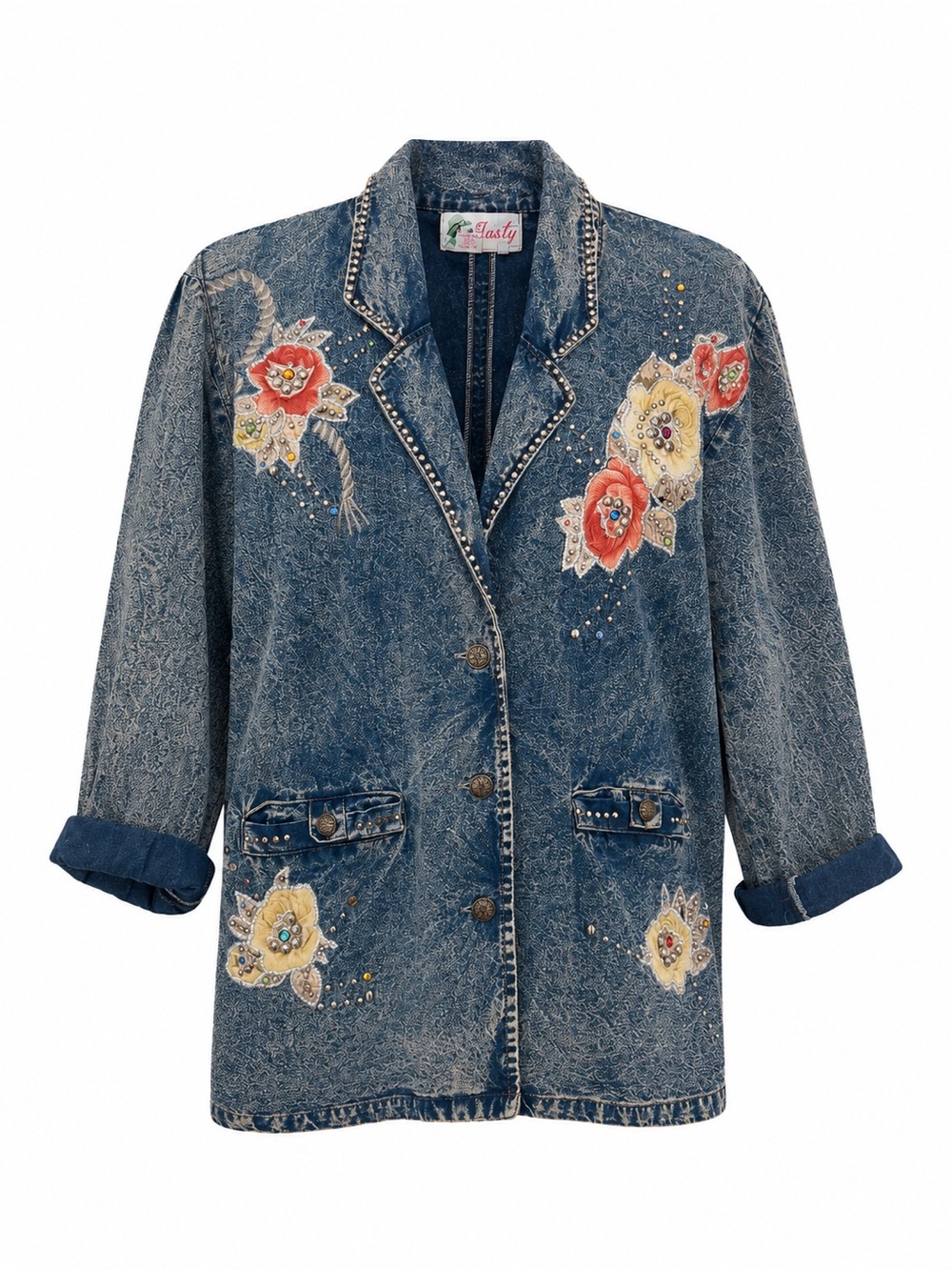 VTG 80s Tasty Brand Acid Wash Denim Blazer Jacket Floral Embroidered Studded